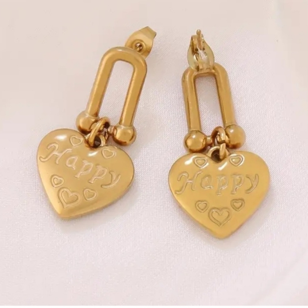 Beautiful Heart Pendant Earrings with "HOPPY" Engraving, Vintage Boho Style - Picture 4 of 4